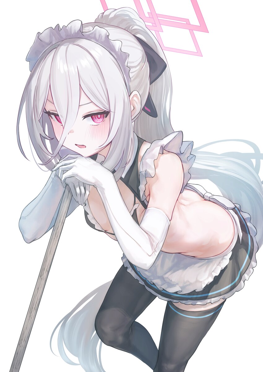 1girl alternate costume alternate hairstyle apron bikini black bikini black skirt black thighhighs blue archive blush bow breasts commentary elbow gl…
