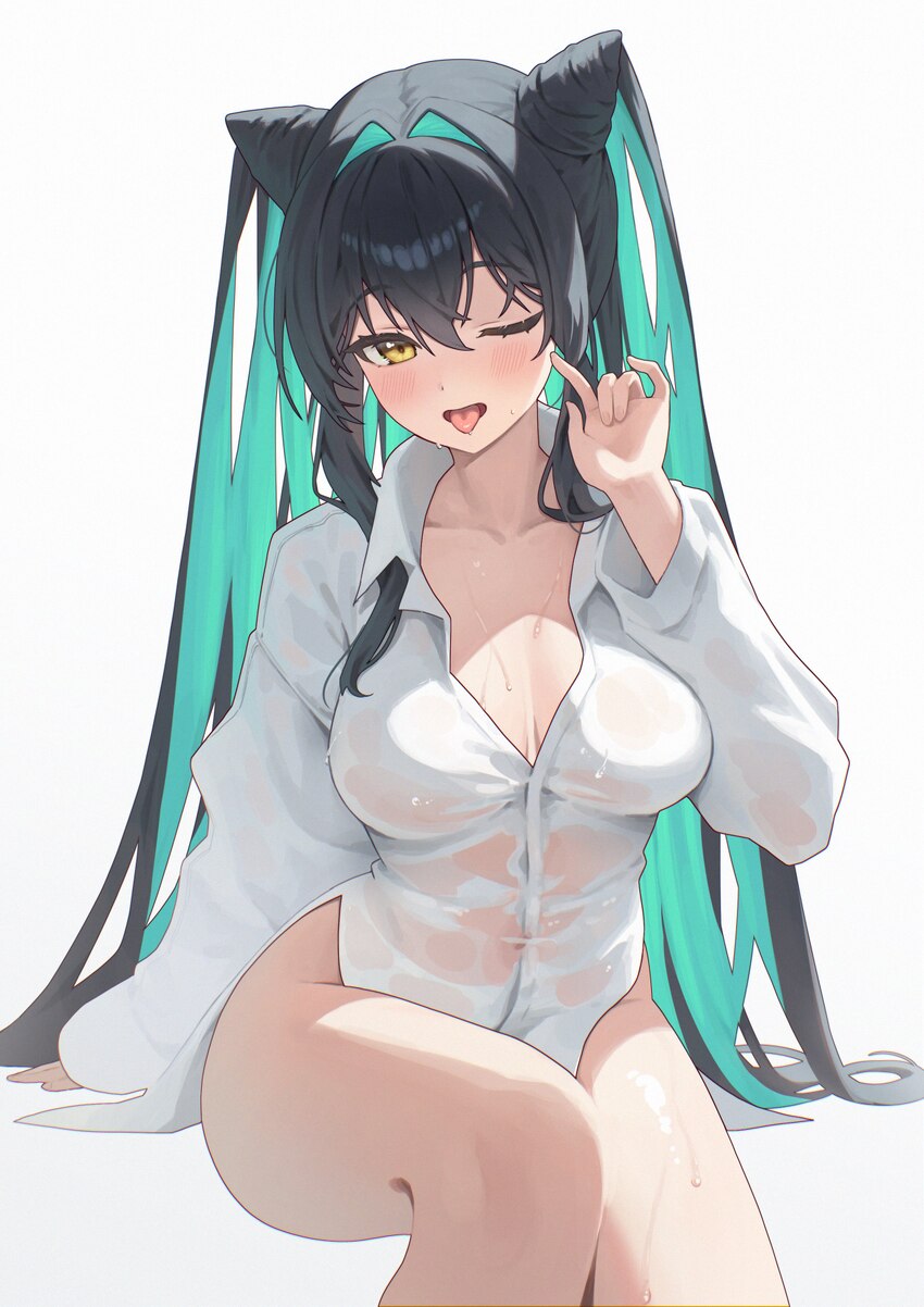 1girl absurdres alternate costume aqua hair breasts collarbone collared shirt colored inner hair commentary covered navel goddess of victory  nikke h…