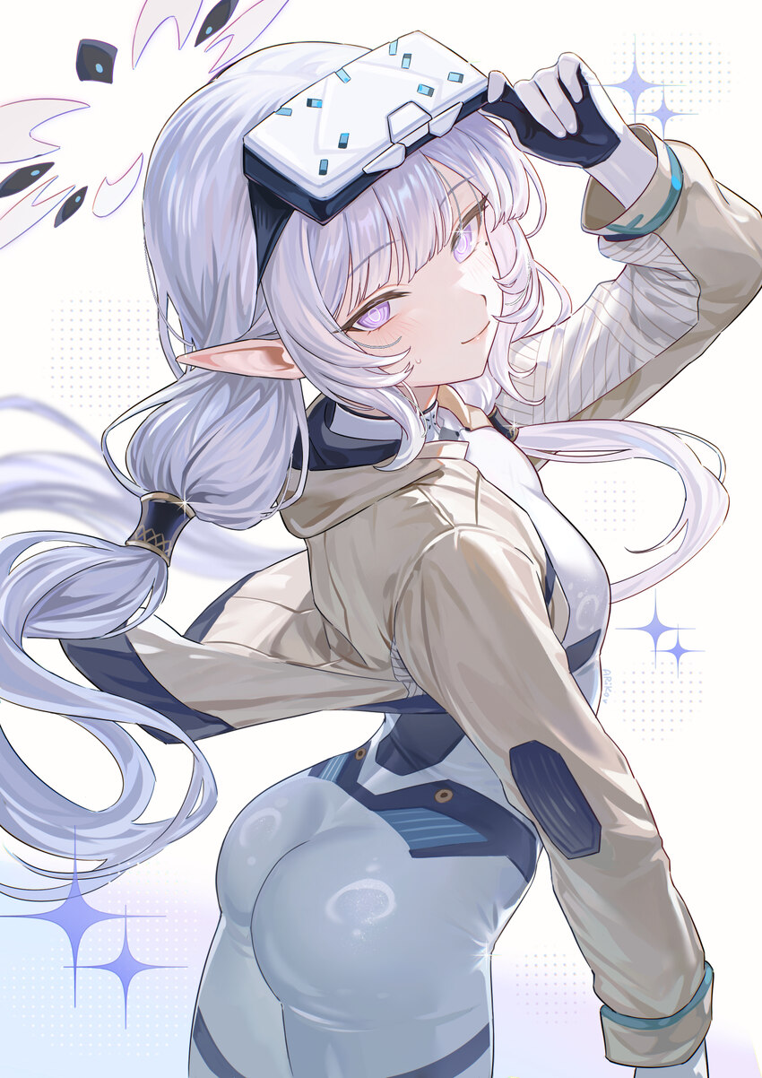 1girl absurdres arched back ariko (aaaaarik) ass blue archive blunt bangs bodysuit breasts brown jacket closed mouth commentary cowboy shot floating …
