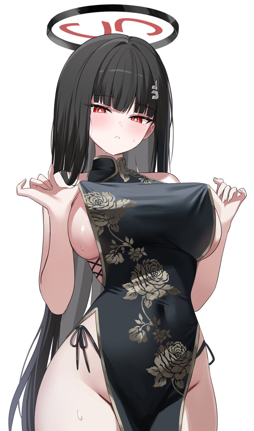 1girl absurdres black hair blue archive blush breasts bright pupils chinese clothes commentary covered navel dress floral print floral print dress gr…