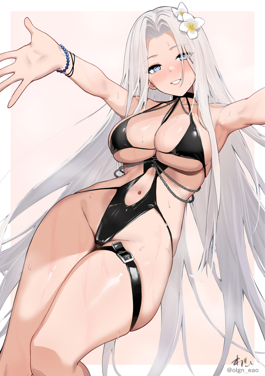 1girl @ @ azur lane black one-piece swimsuit blue eyes blush breasts cleavage clothing cutout commentary request commission cosplay embarrassed flowe…