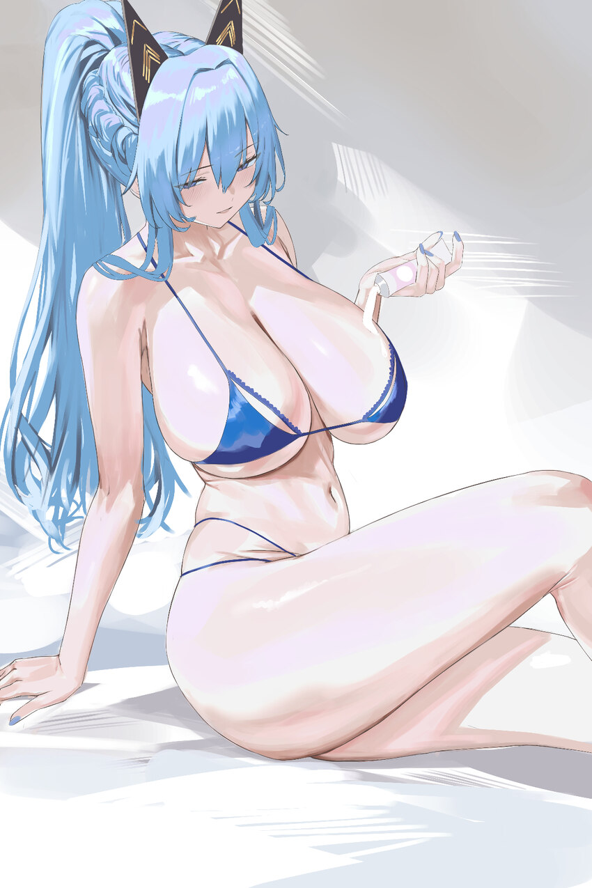 1girl applying sunscreen ass bikini blue bikini blue eyes blue hair blue nails breasts collarbone commentary request goddess of victory  nikke helm (…