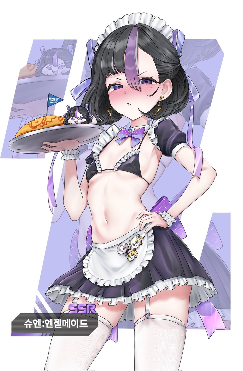 1girl apron badge bikini black bikini black hair blush breasts character badge commentary creature doro (nikke) drake (nikke) earrings embarrassed fo…