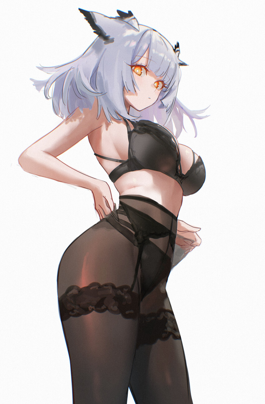 1girl absurdres arknights black bra black panties black pantyhose bra breasts commentary request from side garter belt grey hair highres large breast…