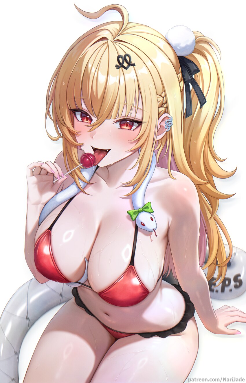 1girl ahoge alternate costume bikini blonde hair blush breasts candy chalky (zenless zone zero) cissia (zenless zone zero) commentary earrings englis…