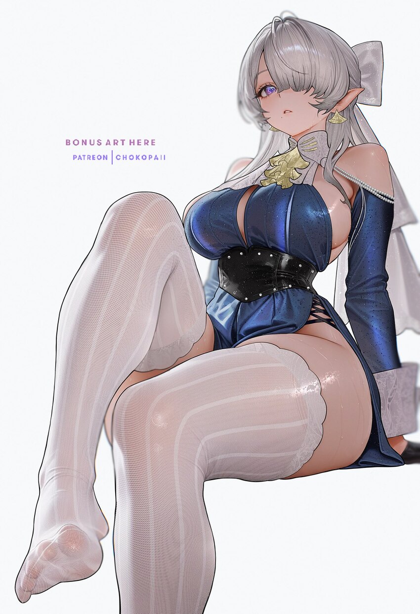 1girl ai-assisted artist name ascot bare shoulders black corset blue dress breasts chokopaii cleavage clothing cutout corset dress earrings foot out …