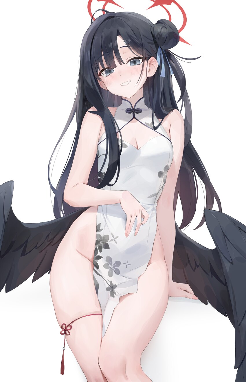 1girl absurdres alternate costume alternate hairstyle black hair black wings blue archive blush breasts chinese clothes cleavage commentary dress flo…