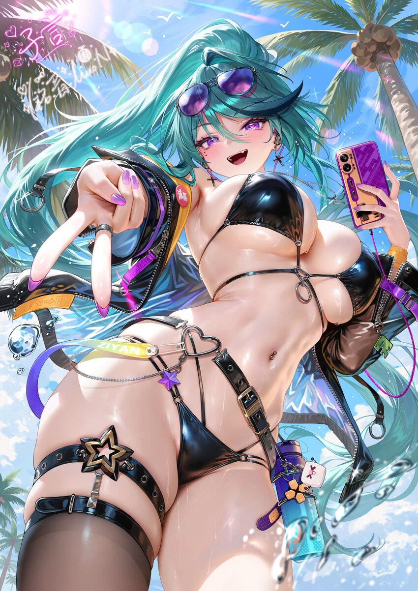 1girl  d absurdres bikini black bikini blue hair breasts chinese commentary coconut tree commentary request cowboy shot cross cross earrings earrings…