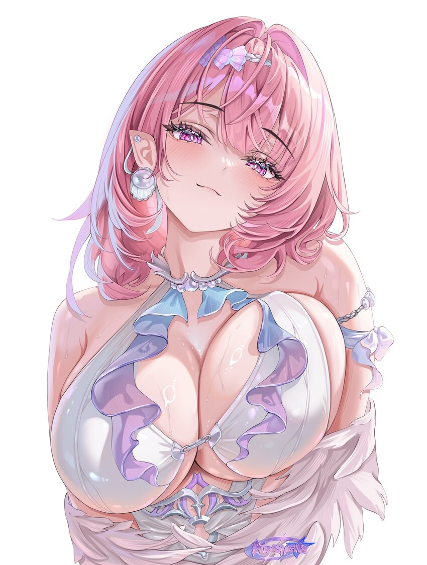 1girl artist logo bare shoulders bikini blush breasts cleavage closed mouth commentary earrings eyelashes hair intakes highres jewelry krashena large…