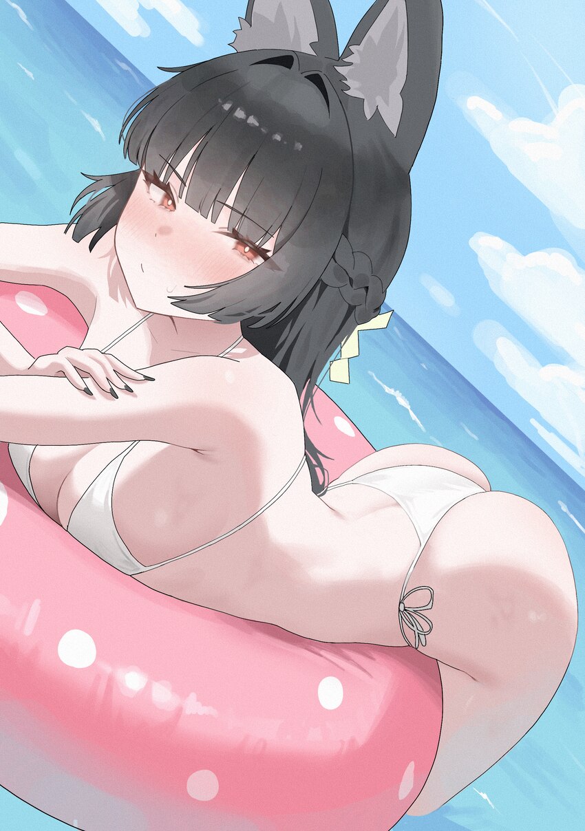 1girl absurdres afloat alternate costume animal ears ass bikini black hair black nails blue sky blush breasts closed eyes cloud collarbone commentary…