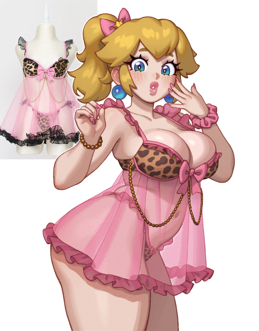 1girl absurdres alternate costume alternate eyebrows alternate hairstyle animal print blonde hair blue eyes blush bra breasts crown curvy earrings fr…