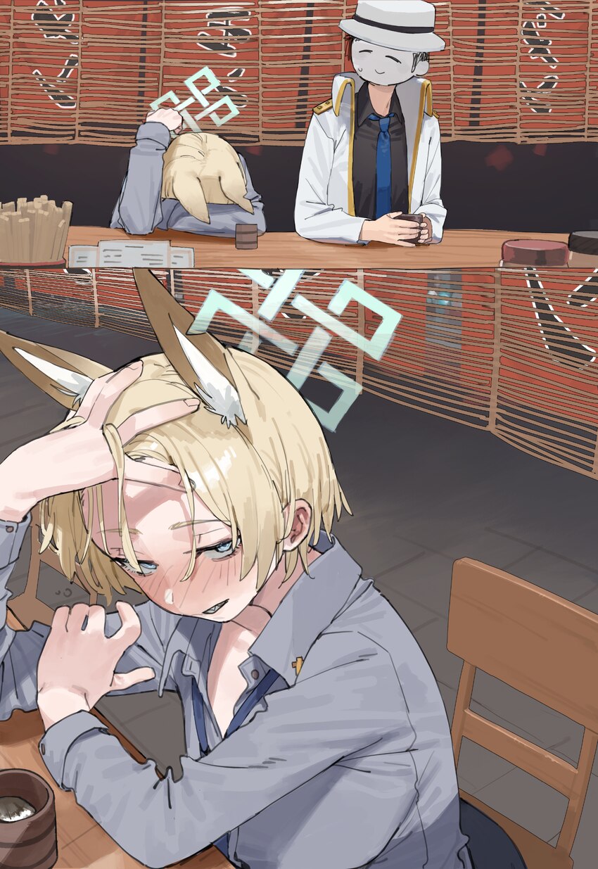 1boy 1girl 2koma absurdres animal ear fluff animal ears black hair black shirt blonde hair blue archive blue eyes blue necktie blush breasts chair co…