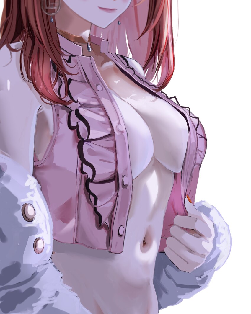 1girl absurdres bad id bad twitter id breasts center frills cleavage commentary earrings eyes out of frame frills fur jacket head out of frame highre…