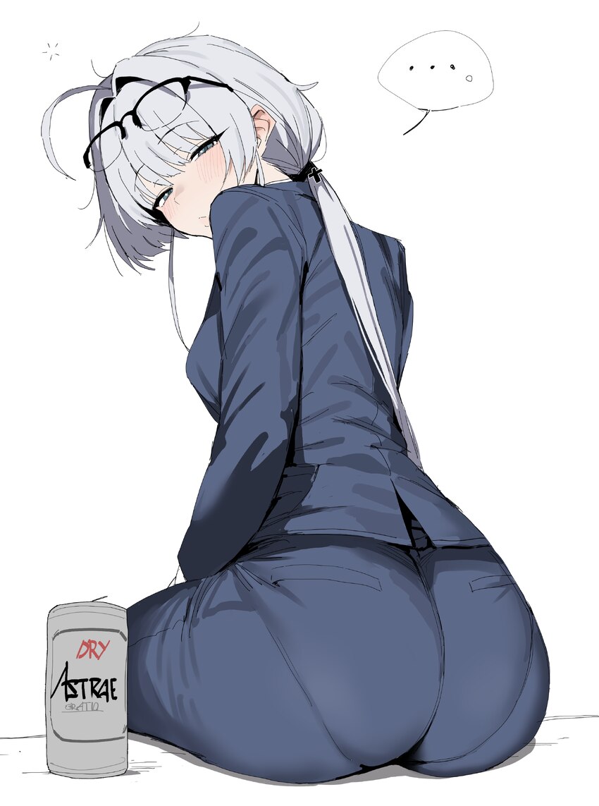 ... 1girl absurdres ass astrae oratio blue pants blue vest breasts can commentary drink can eyewear on head from behind glasses grey hair half-closed…