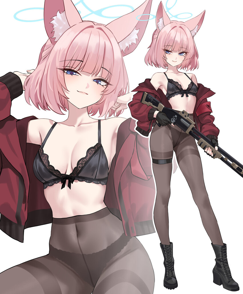 1girl absurdres animal ear fluff animal ears ankle boots bare shoulders black boots black bra black gloves black pantyhose blue archive blue eyes blu…