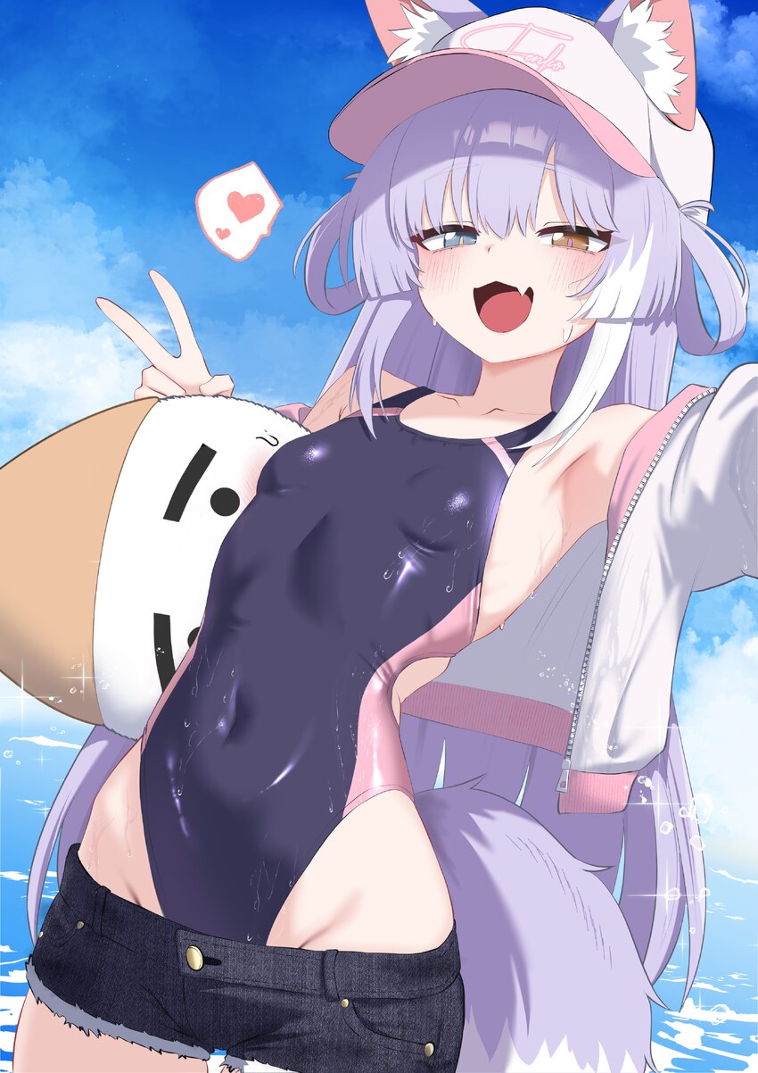 1girl absurdres animal ears armpits bare shoulders baseball cap black one-piece swimsuit black shorts blue eyes breasts commentary request competitio…