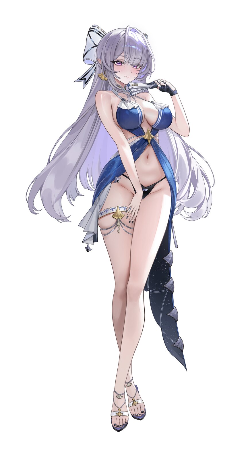 1girl absurdres alternate costume bare shoulders bikini black gloves black nails breasts cleavage closed mouth commentary request earrings full body …