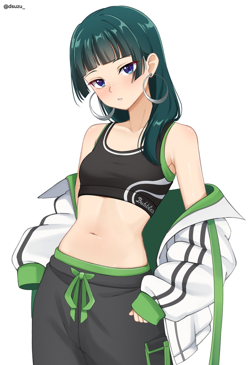 1girl absurdres black pants black sports bra blue eyes breasts cargo pants commentary request dsuzu earrings freckles green hair highres jacket jewel…