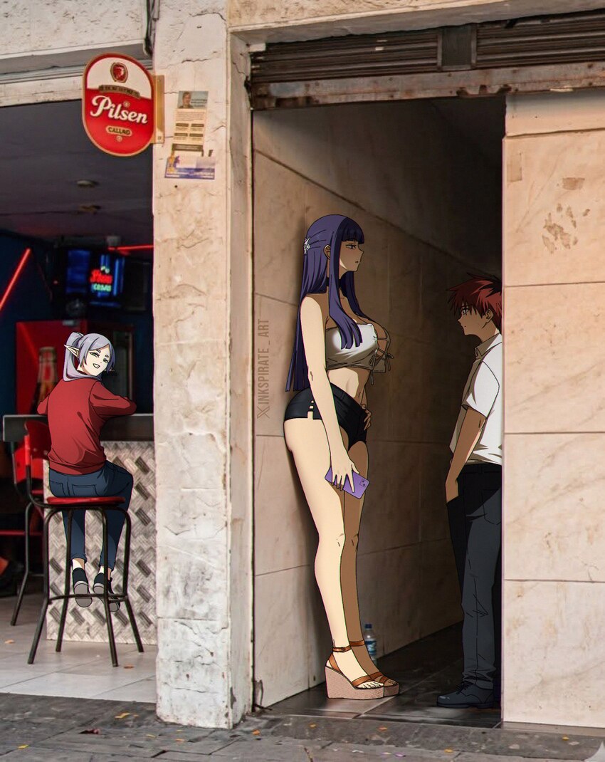 1boy 2girls absurdres alley alternate costume artist name bar (place) black pants black shorts blunt bangs bottle breasts cellphone commentary contem…