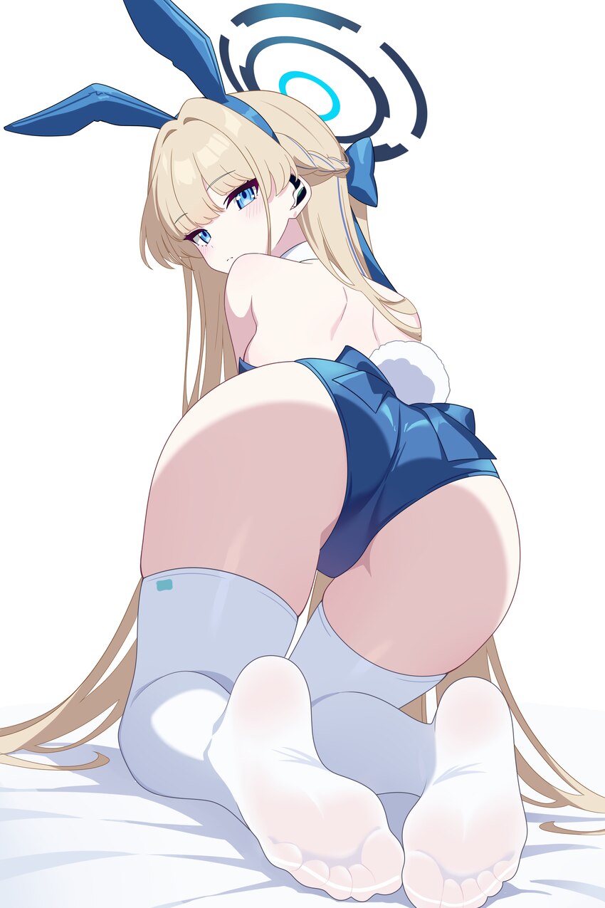 1girl absurdres animal ear hairband animal ears ass bare shoulders blonde hair blue archive blue eyes blue hairband blue leotard commentary request f…