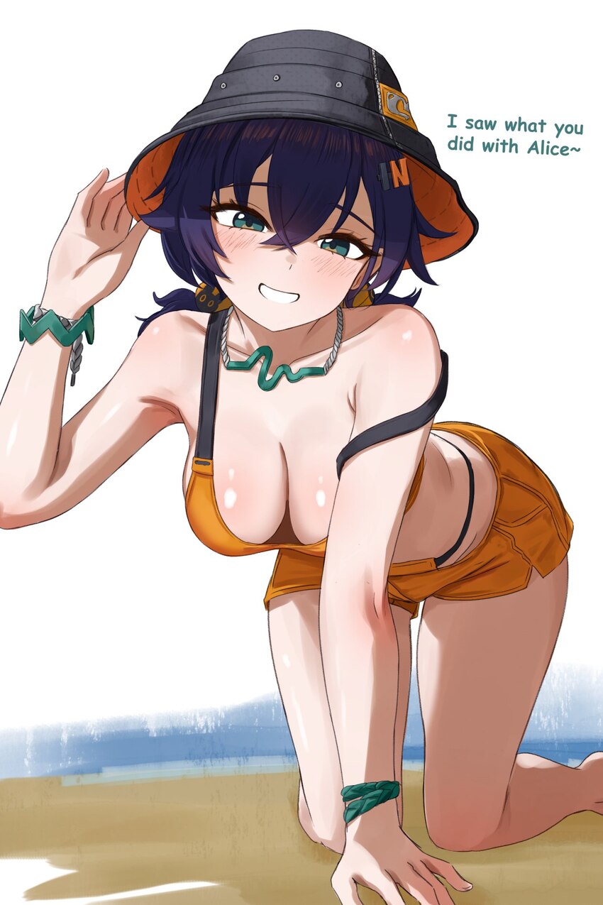 1girl all fours arm support bare arms bare legs bare shoulders belle (summer skies) (zenless zone zero) belle (zenless zone zero) bikini black hat bl…