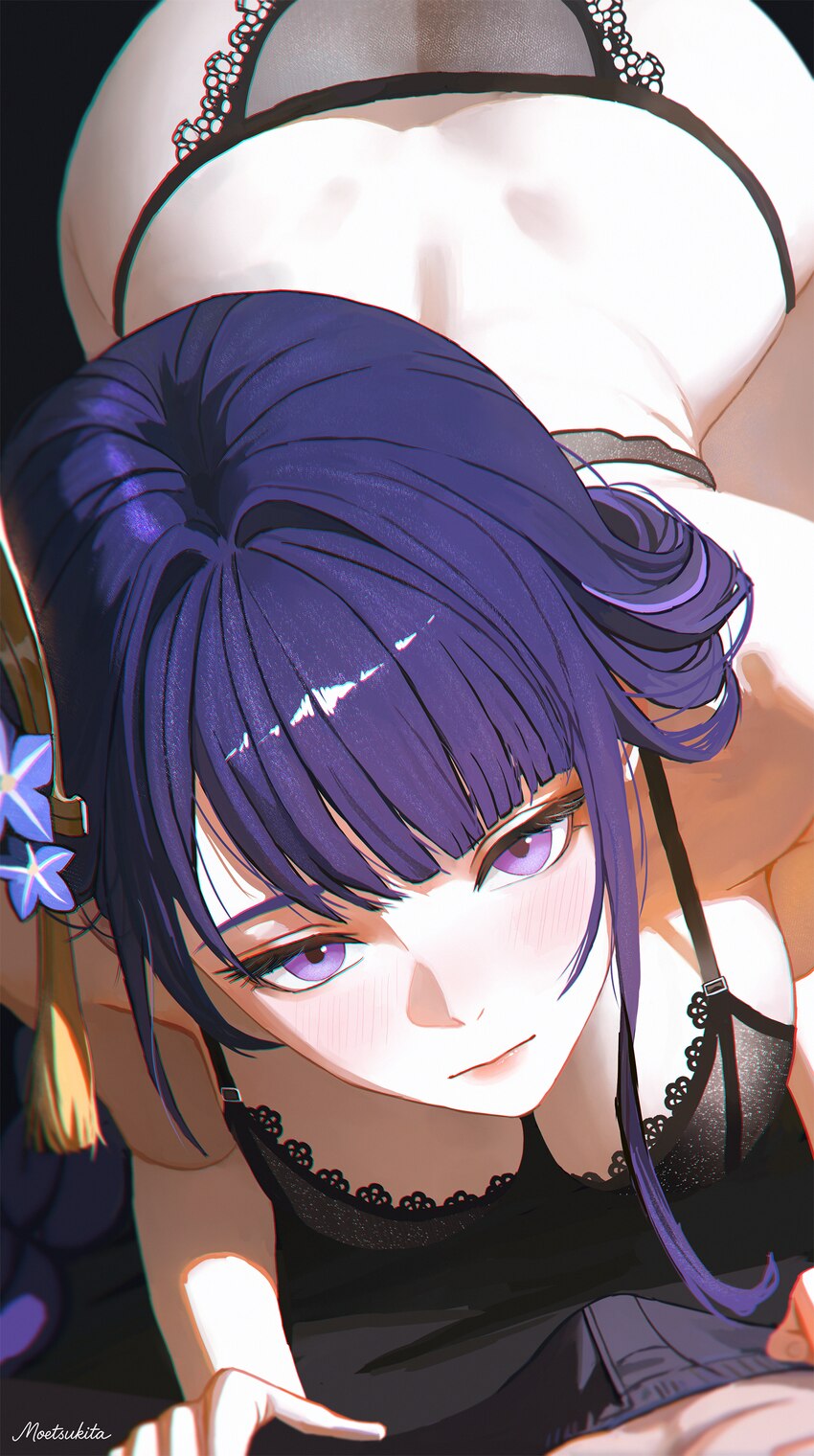 1boy 1girl absurdres all fours artist name ass black bra black panties blush bra breasts chromatic aberration closed mouth commentary dimples of venu…