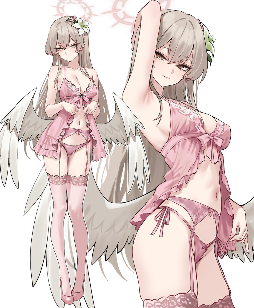 1girl absurdres alternate costume arm behind head armpits babydoll bare arms bare shoulders blue archive blush bow bow panties breasts cleavage close…