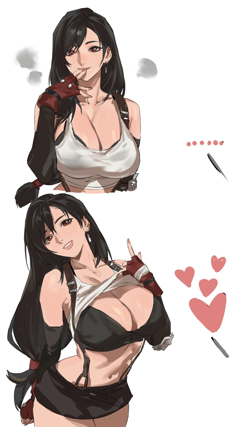 1girl absurdres bare shoulders black bra black gloves black hair black skirt bra breasts cleavage collarbone commentary crop top elbow gloves final f…