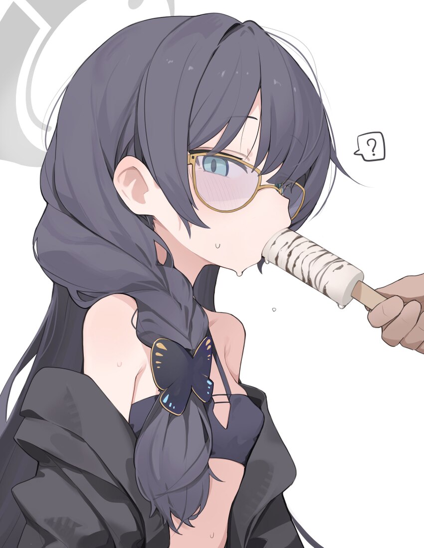 1boy 1girl ? black hair blue archive blue eyes braid braided ponytail food food in mouth grey halo halo highres kisaki (blue archive) kisaki (swimsui…