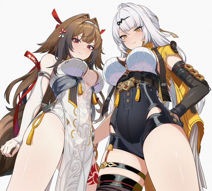 2girls ahoge animal ears black gloves black shorts breasts brown eyes brown hair commentary request dress elbow gloves fox ears fox girl from below g…
