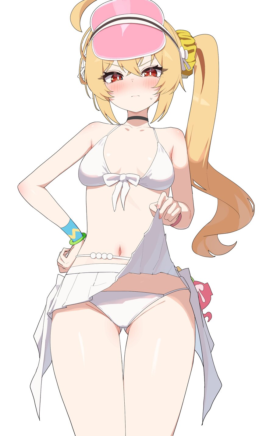 1girl absurdres ahoge ass visible through thighs bikini black choker blush breasts choker clothes lift cowboy shot hand on own hip highres looking at…