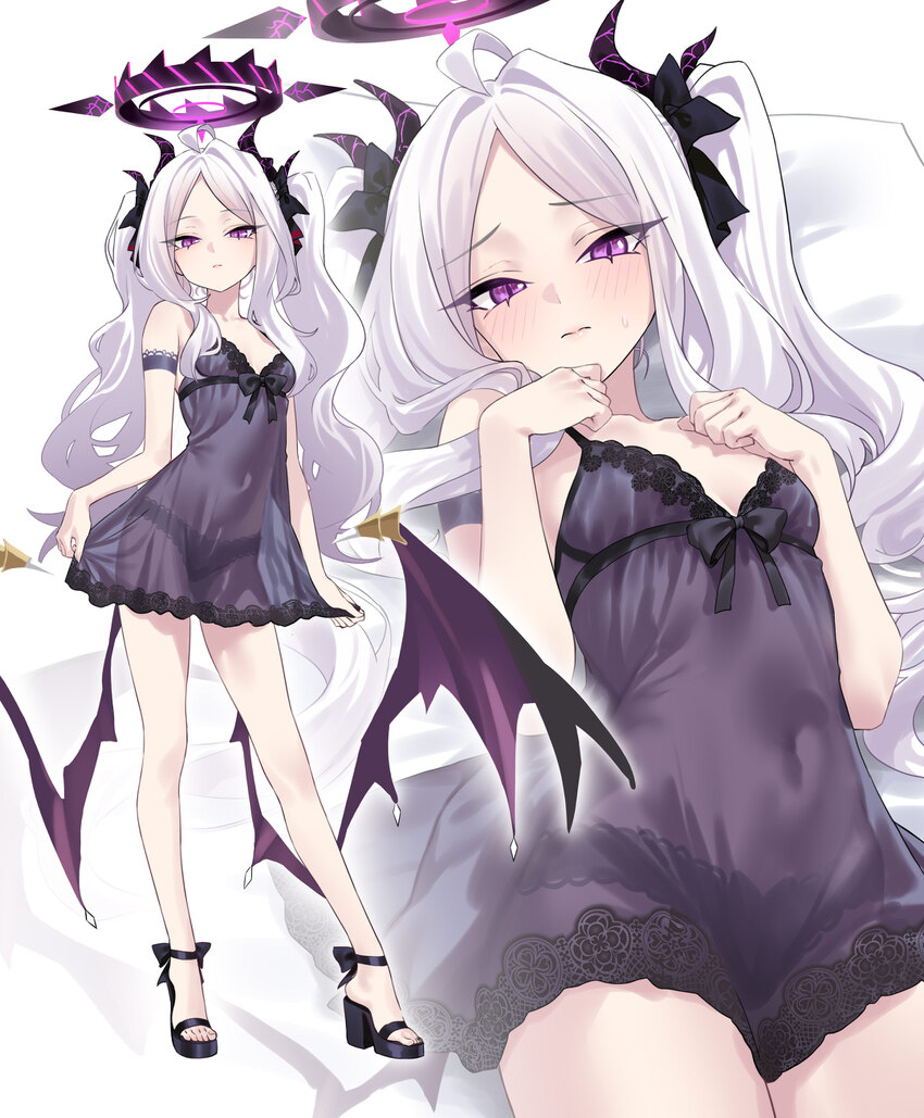1girl absurdres alternate hairstyle babydoll bare shoulders blue archive blush breasts commentary full body halo high heels highres hina (blue archiv…