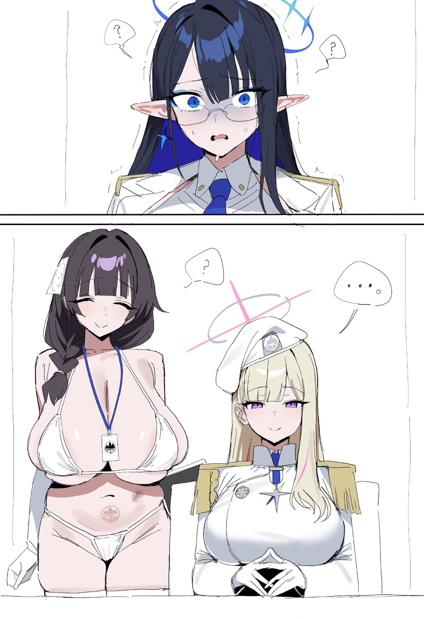 2koma 3girls absurdres beret bikini black hair blonde hair blonde student council president (blue archive) blue archive braid breasts closed eyes com…