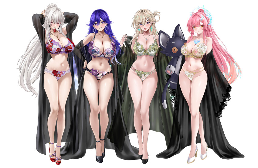 4girls  i aemeath (wuthering waves) ahoge alternate breast size (larger) armpits arms up bare legs bare shoulders black shoes blush bra breasts cleav…