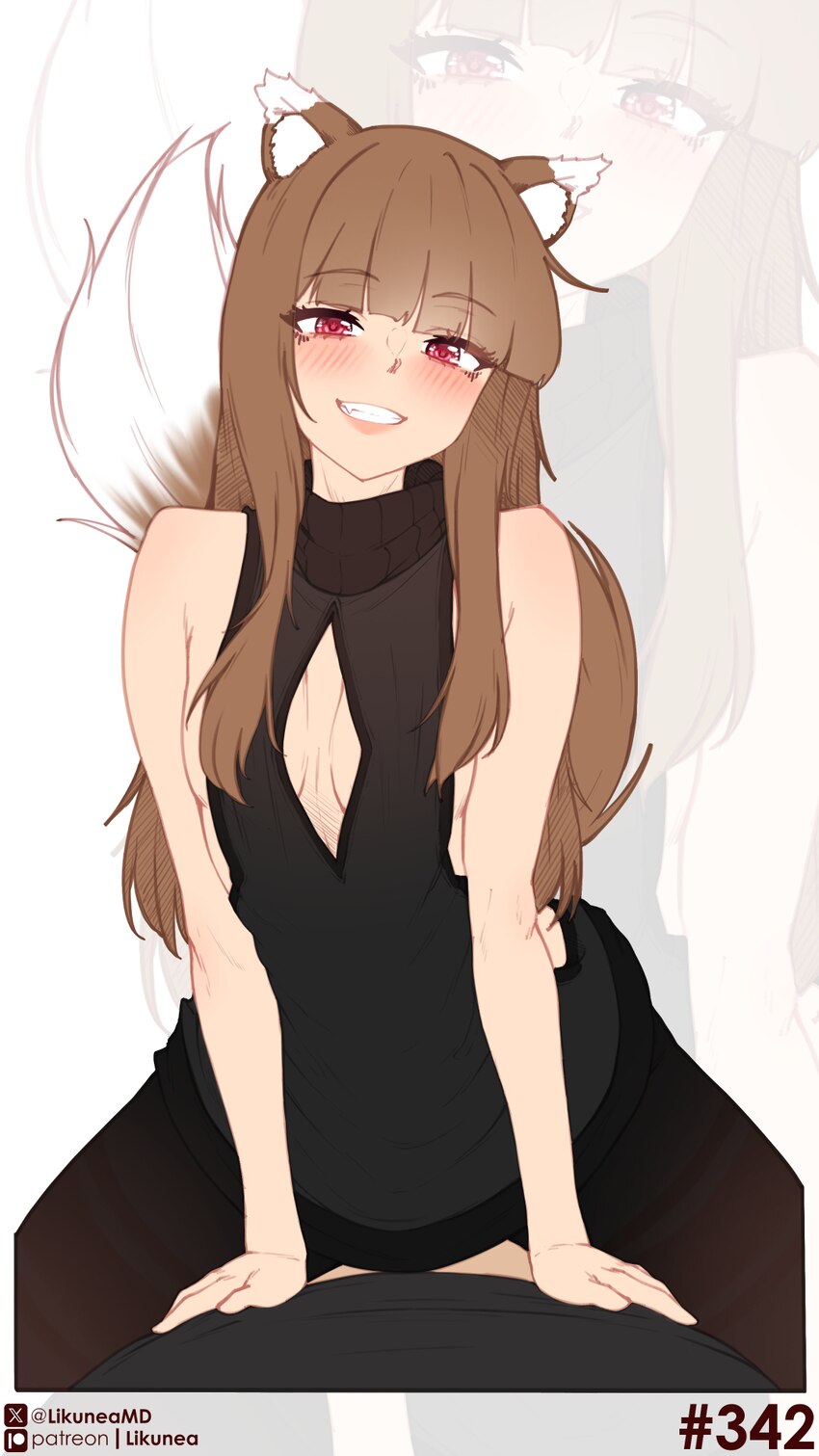 1boy 1girl absurdres animal ear fluff animal ears artist name black dress black pantyhose blush breasts brown hair cleavage cutout clothing cutout co…