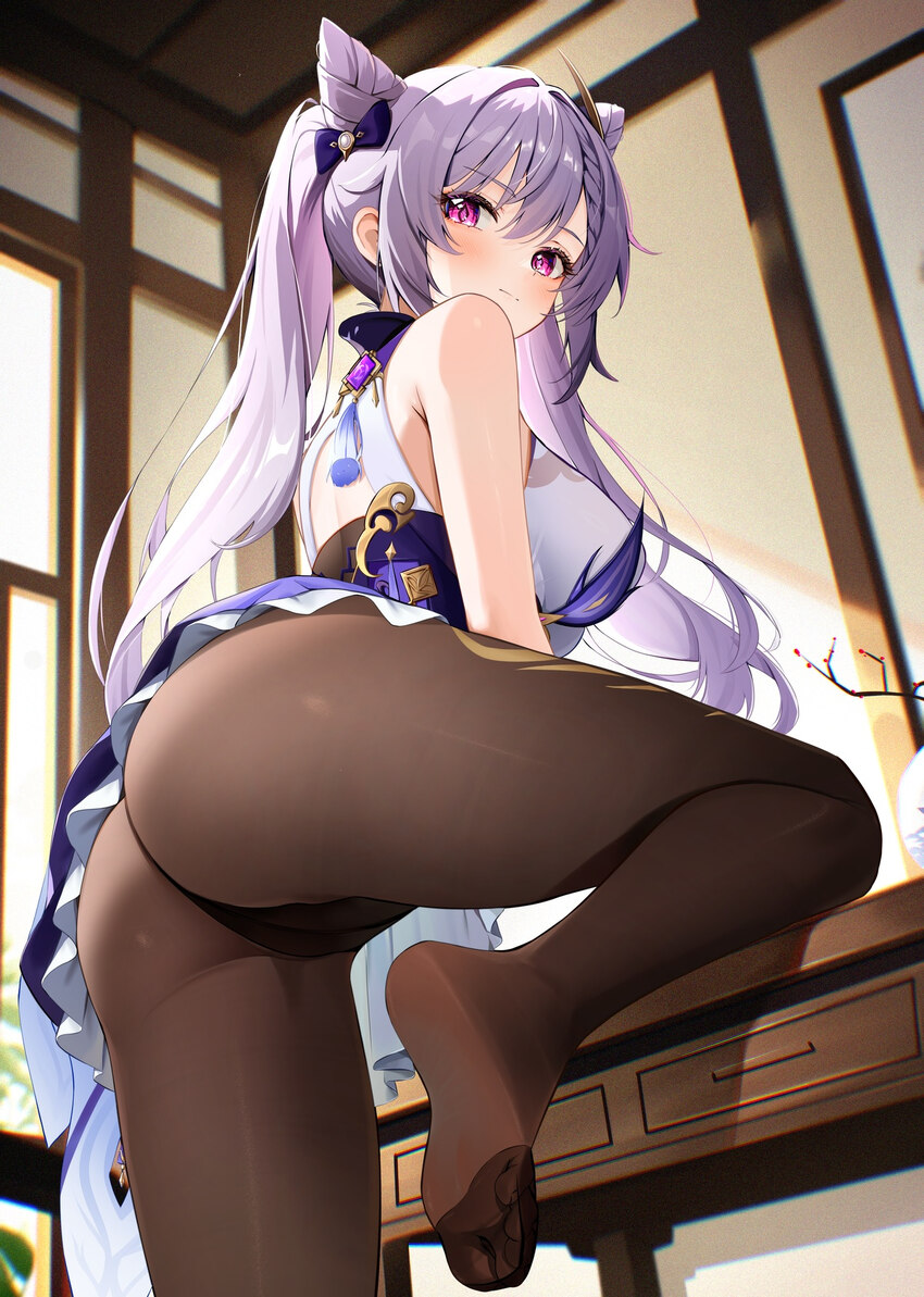 1girl ass bare shoulders bilingual commentary black panties black pantyhose blush breasts commentary request cone hair bun diamond-shaped pupils diam…