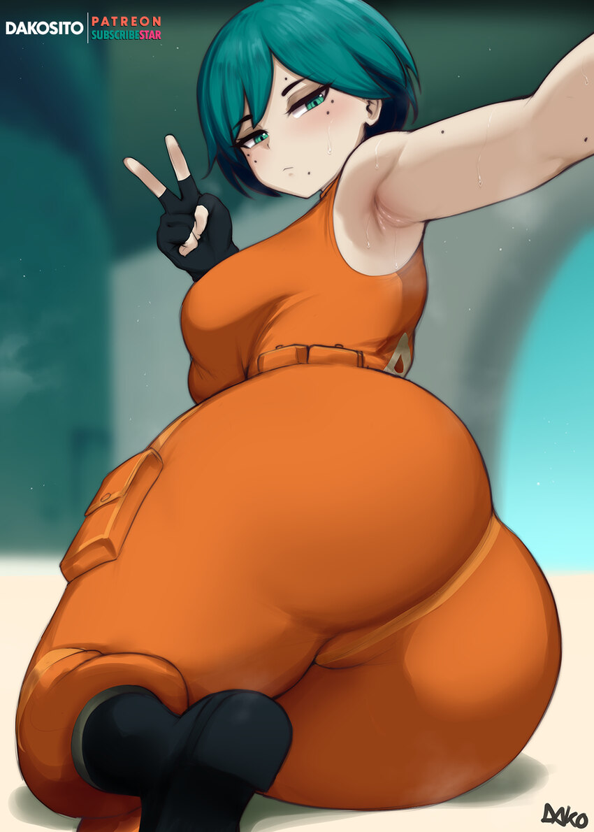 1girl aqua hair armpits ass ass focus black gloves breasts cargo pants commentary dako (dakosito) english commentary fingerless gloves from behind gl…