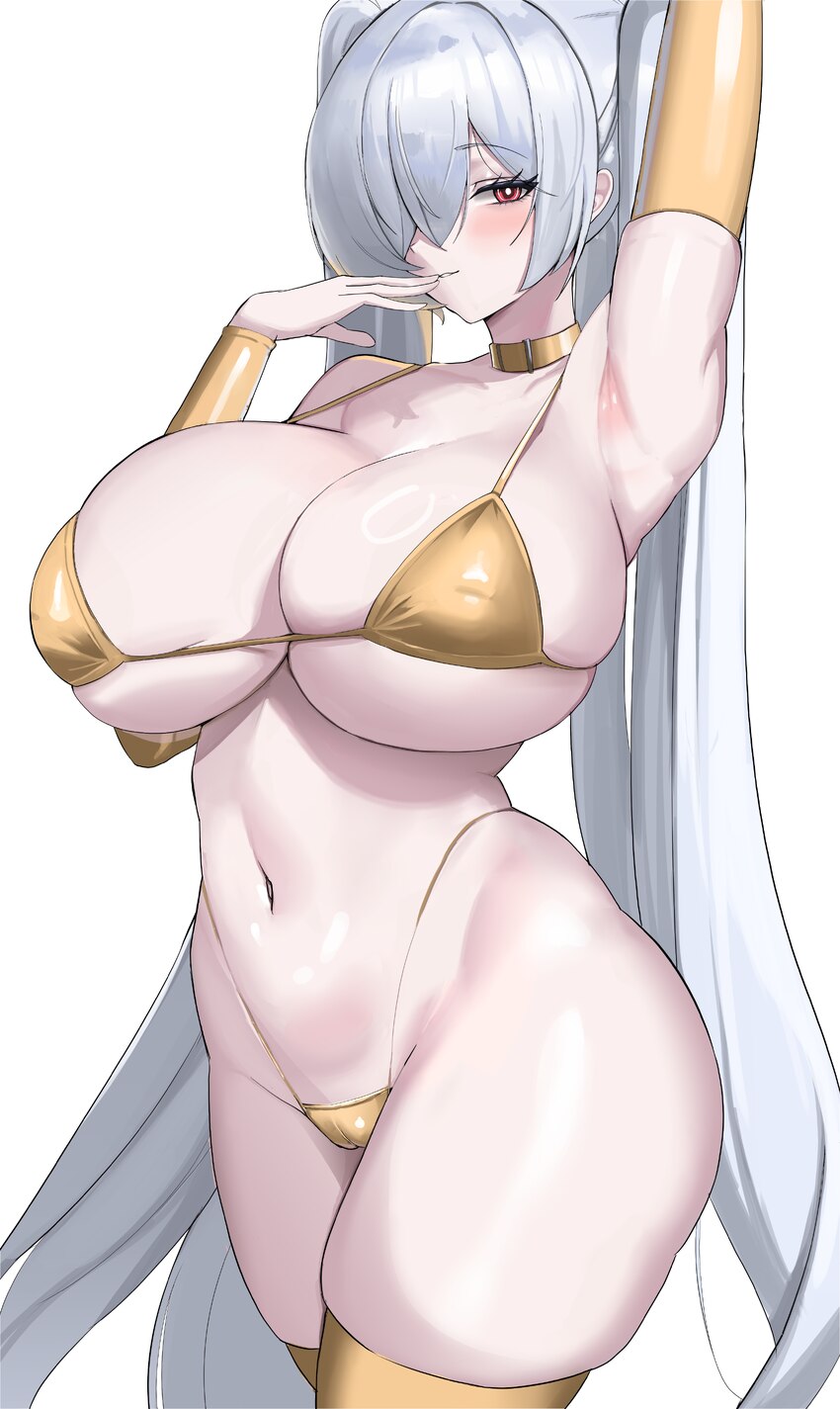 1girl absurdres alternate breast size (larger) alternate costume armpits ass bikini breasts bright pupils cinderella (nikke) commentary request godde…