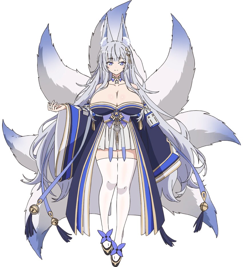 1girl animal ear fluff animal ears armor azur lane azur lane  slow ahead bare shoulders bell black kimono breasts cleavage detached collar fox ears f…