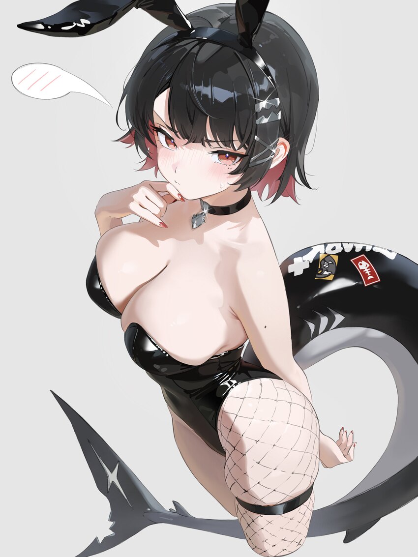 1girl absurdres animal ears arm behind back asymmetrical legwear black choker black hair black leotard blush breasts choker cleavage colored inner ha…