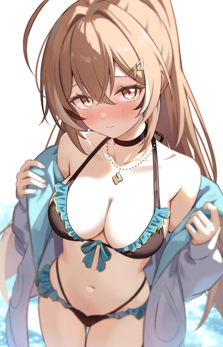 1girl ahoge bikini black bikini black choker black streaks blush breasts brown eyes brown hair chahanramen choker cleavage closed mouth commentary cr…