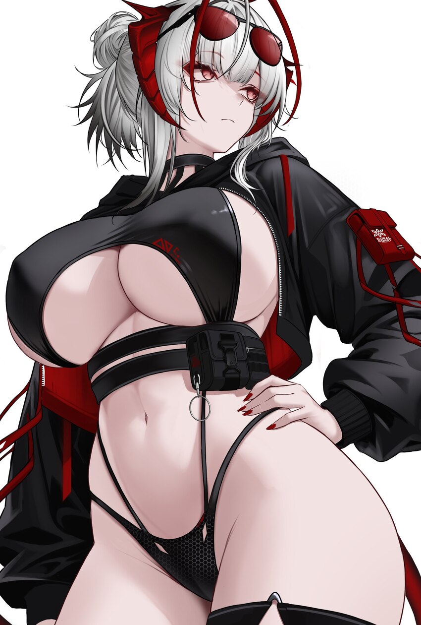 1girl alternate breast size (larger) arknights bikini black bikini black jacket breasts commentary cowboy shot cropped jacket demon girl demon horns …