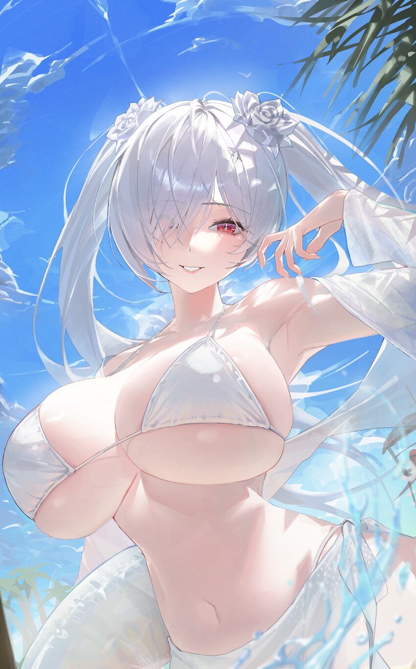 1girl absurdres bikini blue sky breasts cinderella (crystal wave) (nikke) cinderella (nikke) cloud commentary request flower goddess of victory  nikk…