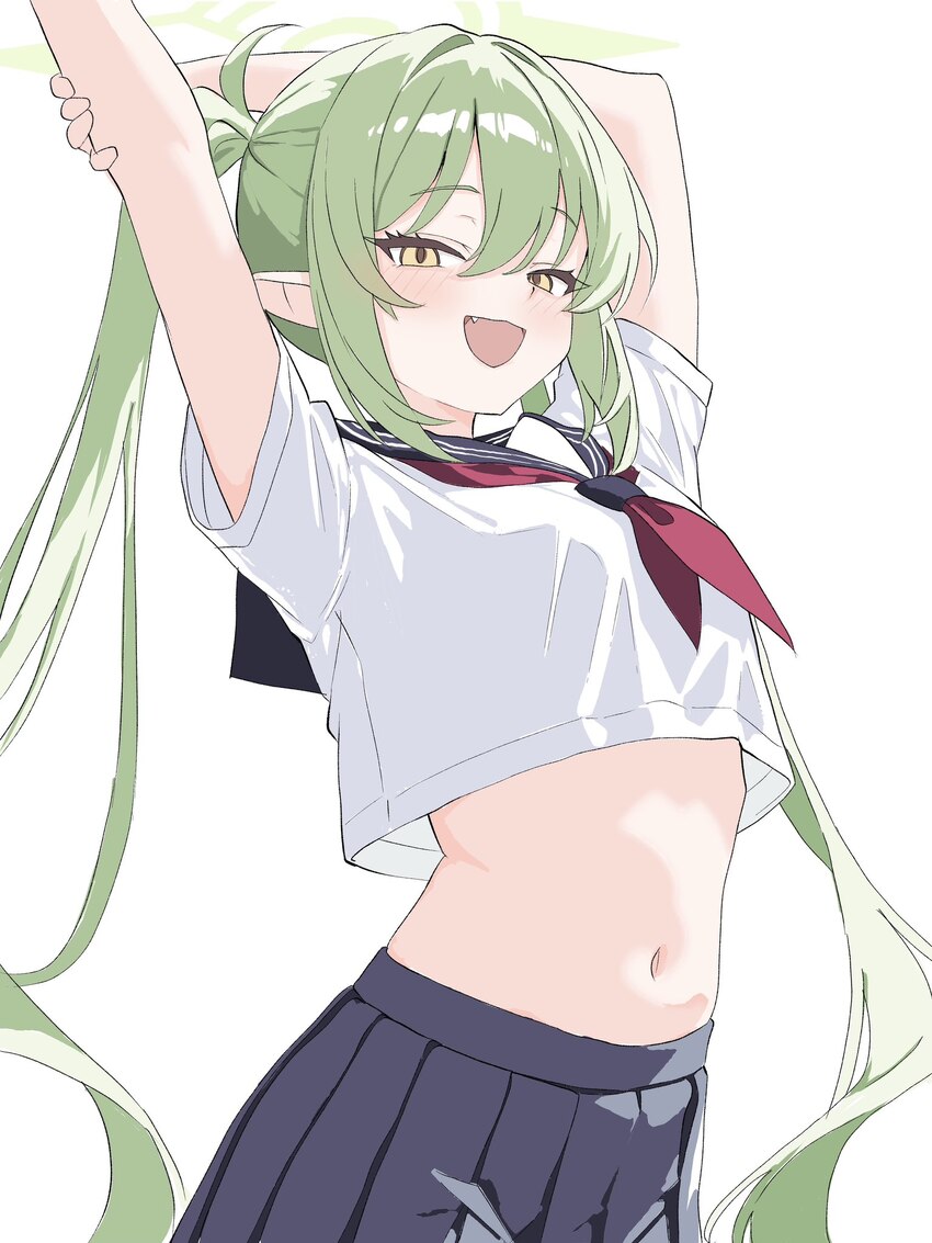 1girl alternate costume arms up black skirt blue archive blush commentary request crop top cropped shirt fang green hair green halo halo highres kami…