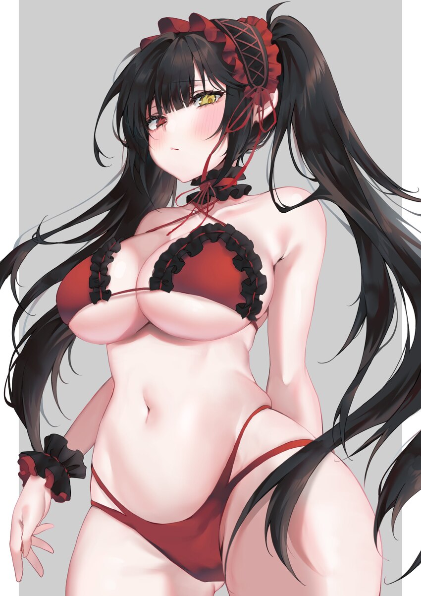 1girl  / absurdres arm behind back azur lane bikini black hair blush breasts commentary request date a live hairband half-closed eyes heterochromia h…