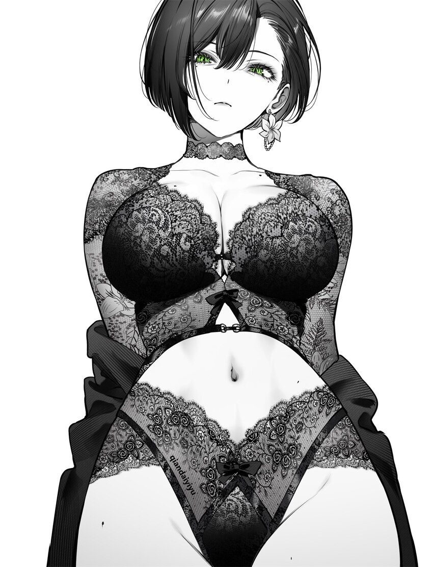 1girl artist name black panties bra breasts cleavage closed mouth collarbone earrings flower earrings green eyes greyscale hair between eyes highres …