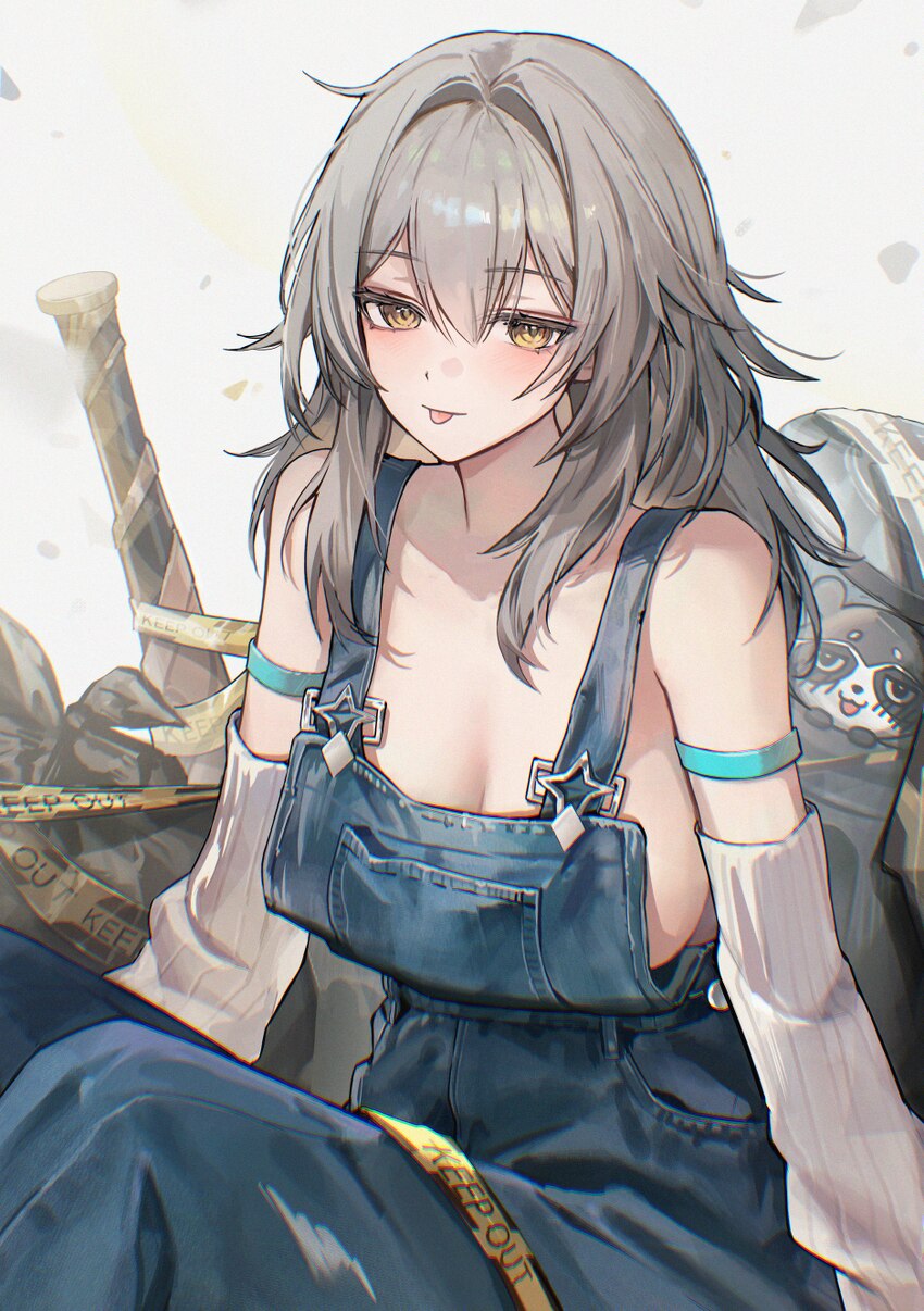 1girl  p absurdres alternate costume arm warmers bare shoulders baseball bat breasts cleavage commentary denim denim overalls dot nose grey hair hair…