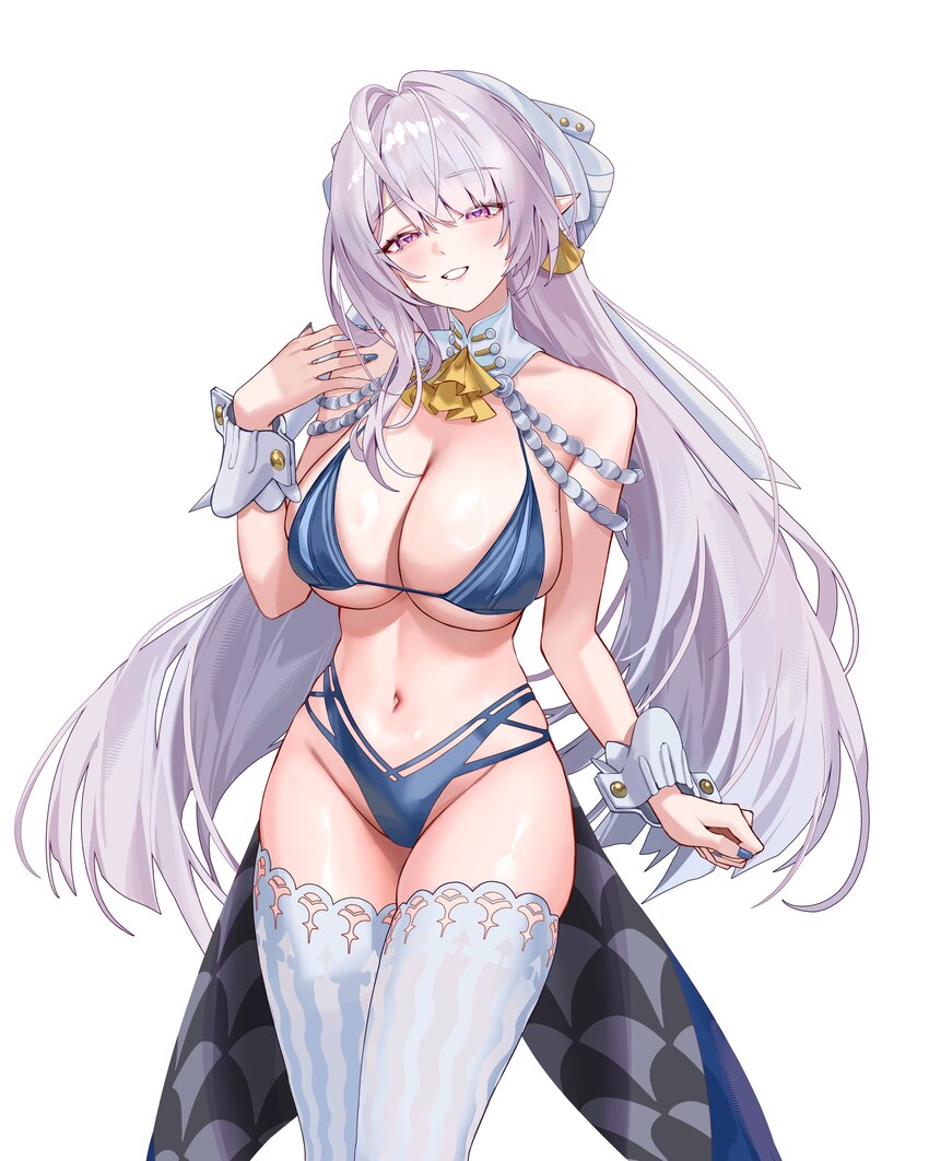1girl absurdres alternate costume bikini blue bikini blue nails blush bow breasts coattails commentary earrings fingernails grey hair hair bow hand u…
