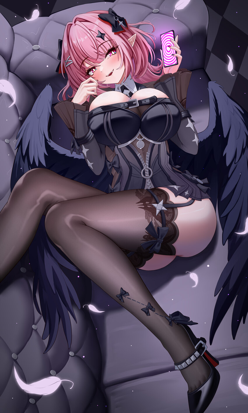 1girl absurdres aichinaigai black dress black thighhighs black wings breasts cellphone commentary request couch dress falling feathers feathers hair …