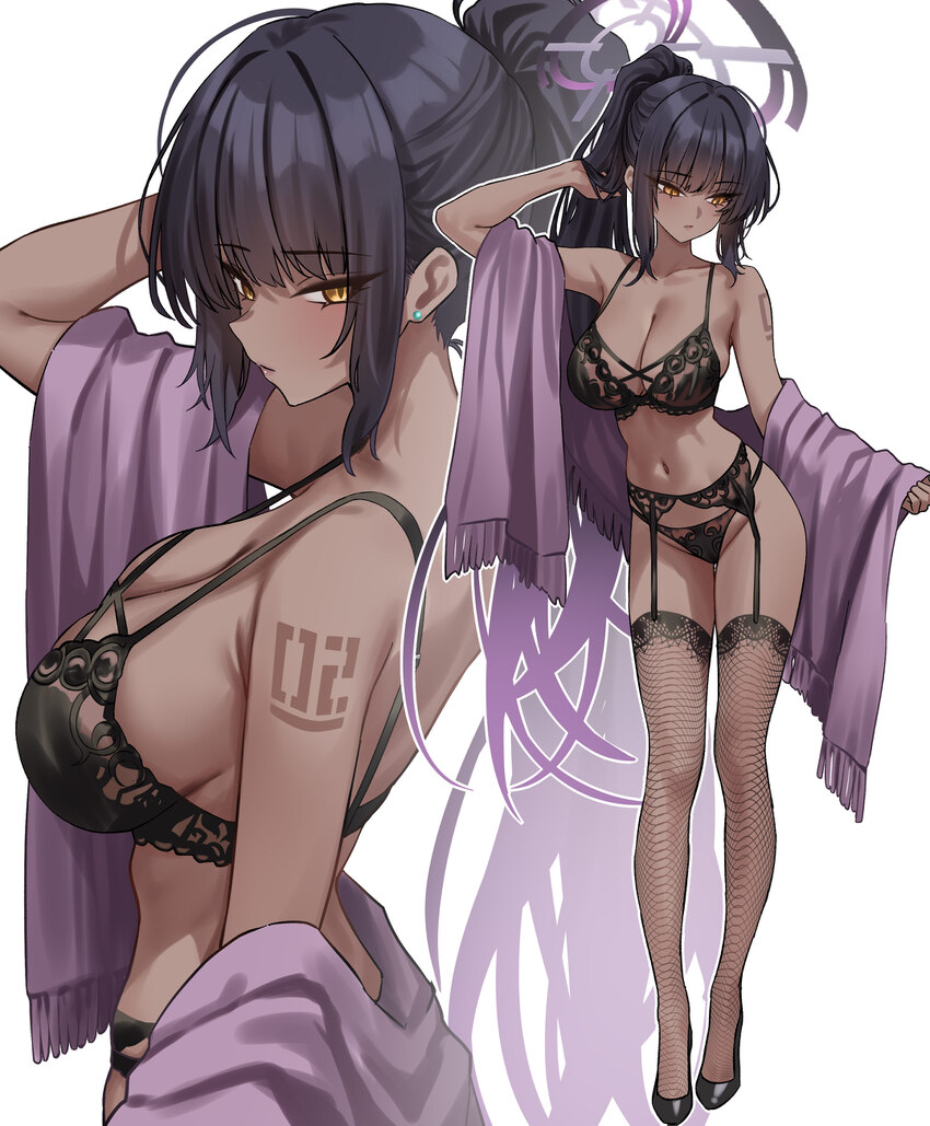 1girl absurdres alternate costume arm up black bra black garter belt black hair black panties black shoes black thighhighs blue archive blush bra bre…